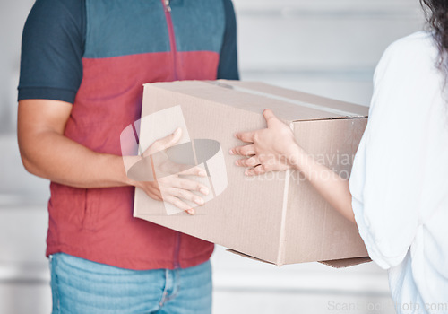 Image of Delivery box, courier service and people hands for commerce, distribution and supply chain industry worker. Logistics, stock and man giving cardboard package woman customer for commercial export job