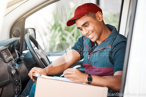 Image of Delivery, black man and with checklist for package box and smile for delivery in truck, van or happy with work. Logistics, shipping or courier guy with clipboard to confirm address, parcel or vehicle