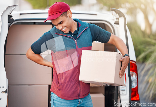 Image of Delivery man with box, package in van and safe home shipping of online ecommerce retail product. Courier truck transport, internet goods orders and mail parcel to customer location in cardboard boxes