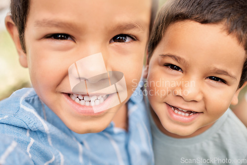 Image of Family, face and portrait of brothers bond, relax and hug outdoors, having fun and playing together. Love, happy family and mexican boy embrace brother, happy and cheerful while enjoying free time