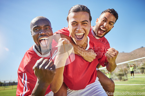 Image of Soccer, team and winner for celebrate game, happy and smile being proud, confident and on field in sportswear. Teamwork, football and victory players doing sports, winning or workout together outdoor