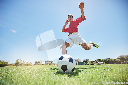 Image of Soccer ball kick, sport and man athlete ready for team exercise, fitness and exercise game training. Football workout of a soccer player playing sport on an field in nature for cardio and wellness