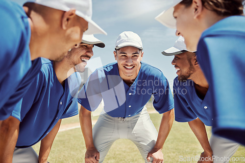 Image of Baseball team, men or game strategy planning on grass pitch, sports field or team building in fitness, training or workout match. Smile, happy or baseball player people in motivation softball huddle