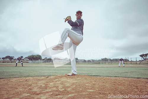 Image of Baseball pitch, athlete and man from Guatemala ready to throw for exercise, training and game workout. Team fitness, baseball player and sports with teamwork together on a outdoor dirt field