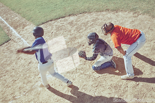 Image of Baseball, pitch and sports game bat at training, exercise and workout on an outdoor field. Fitness and cardio of athlete teamwork and baseball player exercising with sport collaboration together