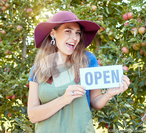 Image of Woman, fruit farm and open store sign of a happy entrepreneur for agriculture and apple orchard. Female manager proud and success smile with sustainable, eco friendly ecology and green farming trees