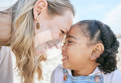 Image of Mother, girl and smile with love, happy and care together outdoor while bonding on holiday in summer. Parent, adoption child and play with love, happiness and care on relax family vacation in Brazil