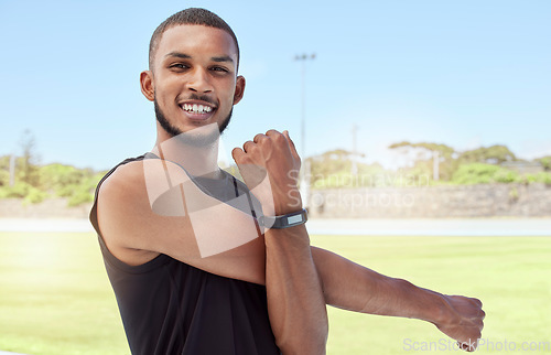 Image of Fitness, athlete stretching and black man happy about exercise, runner workout and sports. Portrait of sport runner stretching with a smile for training, running and strong health cardio outdoor