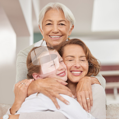 Image of Grandmother, mother and girl with hug, bonding and embrace being loving, smile and happy together at home. Love, grandma and mama with daughter have fun, happiness and spend weekend to connect