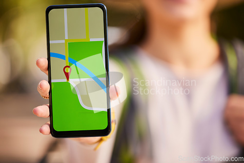 Image of Woman hand, phone screen or gps transport app, travel or delivery for direction of road, streets and city. Hands with 5g mobile smartphone map application or software service for web location route