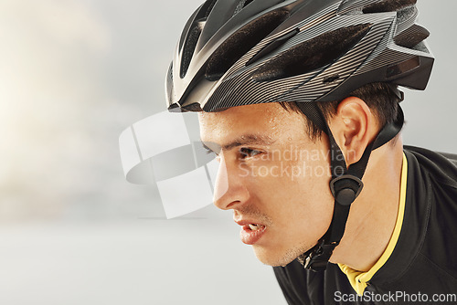 Image of Fitness, man and head of cycling helmet for sports motivation in exercise, workout and training on mockup background. Closeup of tired male sweating from intense cycle tour in healthy cardio sport