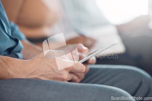 Image of Phone, technology and man hands of office worker with a mobile for a social media scroll or app text. 5g internet, web and businessman employee working on an online job typing a job email