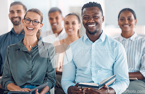 Image of Business, meeting crowd and happy audience laugh in a corporate strategy workshop. Diversity of company team workers with happiness and teamwork presentation smile at a tradeshow seminar talk