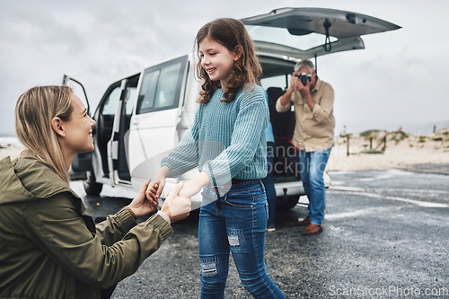 Image of Road trip, travel and family photography for holiday memory of mother and child bonding together with suv van transportation. Happy woman mom, kid and senior taking picture on camera on journey break