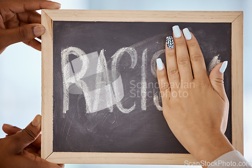 Image of Racism, protest and stop hands on blackboard to remove inequality writing for a change in society. Race, prejudice and black lives matter group cleaning chalkboard to erase word of hate closeup.