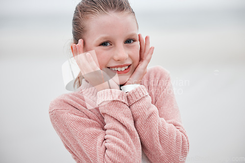 Image of Happy, youth child and portrait of girl on outdoor adventure, travel or holiday vacation in Toronto Canada. Happiness, smile and young kid on journey for freedom, peace and calm trip in nature