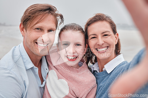 Image of Family selfie portrait at beach holiday, summer vacation and relaxing sea together. Video call faces of excited, smile and happy mom, dad and girl kid photos for fun, happiness and sunny ocean travel