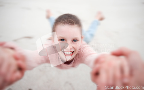 Image of Child swinging from hands at beach, pov and happy, smile and laugh. Fun time, motion or girl in garden spinning from arms, support from dad in nature. Kid, sand and swing from hand in field in Sweden