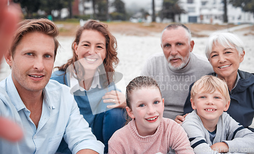 Image of Family, beach and smile for selfie together for quality bonding time, holiday or vacation in the outdoor. Happy parents, grandparents and child smiling for photo on travel at the ocean in Greece