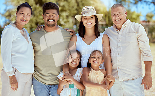 Image of Nature, summer and portrait of big family in park for fun, bonding and quality time together outdoors. Diverse grandparents, parents and kids on family outing enjoying holiday, vacation and weekend