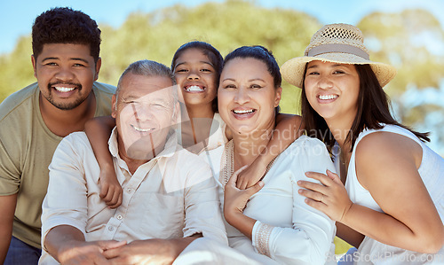 Image of Big family, parents and children bonding together outdoor in a nature park with a smile. Portrait of grandparents, mama and kids spending quality time with love feeling happiness and youth outdoors