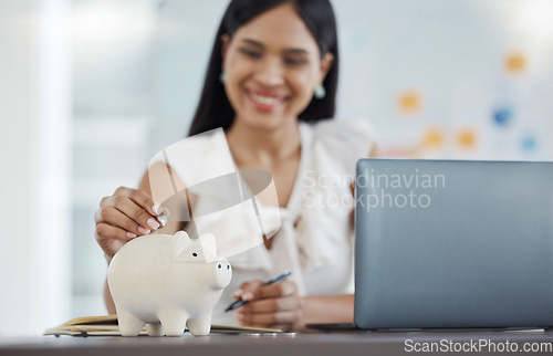 Image of Woman, money and savings with piggy bank in office, desk and workplace with laptop for finance, investment and future. Cash, planning and financial for bank, happy and retirement at work with pc