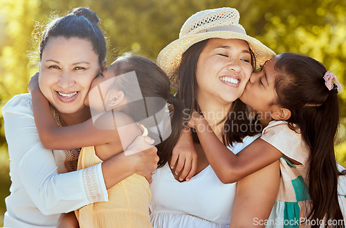Image of Women, family and face kids kiss in a nature park with mother and daughter spending quality time together. Portrait of mothers day love and care with a hug from a girl in summer and mama gratitude