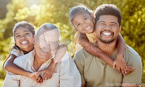 Image of Happy, family and children hug in a nature park with happiness in the summer sun with a smile. Portrait of a black father, grandparent and girl kids together feeling love, youth and parent care