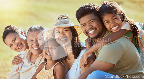 Image of Happy, big family and garden picnic at the park with parents, grandparents and children bonding in nature outdoors. Love, happiness and a family reunion with elderly people, mother and dad on grass