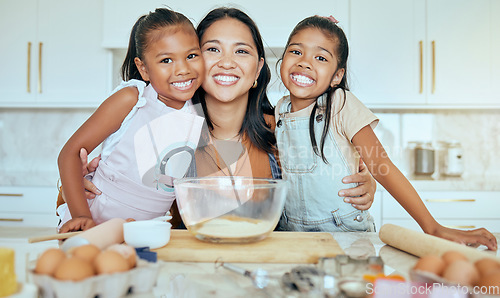 Image of Baking, mother and children in kitchen, happy and smile together, bonding and child development. Portrait, mama and girls learn skills, loving and child care for fun, joyful and daughter at home.