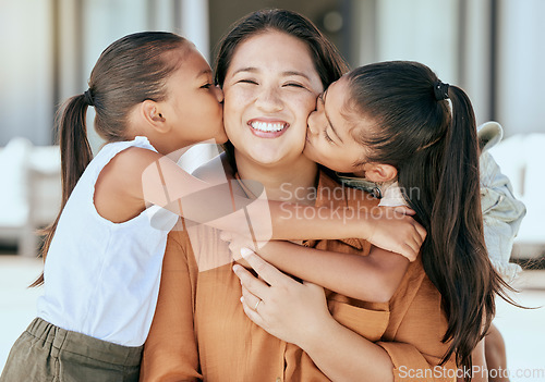 Image of Love, mother and girls kiss, hug and happy together with smile and bonding. Portrait, mama and children with embrace, being loving and happiness with proud female parent and connect with kids