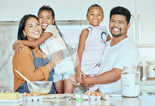 Image of Family, parents and children in kitchen, baking and quality time together with smile, happy and connect. Love, man and woman with girls, bonding with cooking ingredients and being loving at home.