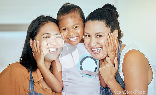 Image of Family, generations and hug, women with girl and happy together in portrait, mother and daughter with grandmother in family home. Hispanic, people and smile, apron and bonding, spending quality time.