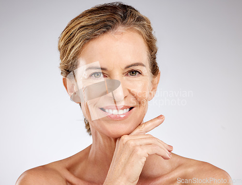 Image of Woman, beauty and skin, face and anti aging skincare, facial treatment for mature female and natural cosmetics advertising with grey studio background. Elderly model portrait, body care and wellness.