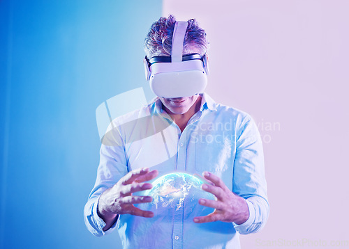 Image of Man hands, metaverse and virtual reality globe hologram for world networking, global digital transformation or space science. Vr headset, 3d earth and futuristic planet abstract in neon cyber fantasy