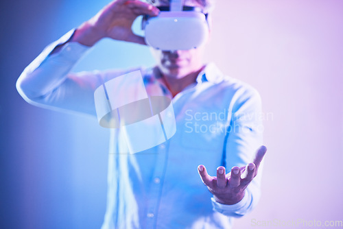 Image of Metaverse headset, virtual reality and man hand holding cyber world ai, digital transformation and abstract space in palms. Vr, futuristic technology and innovation software on neon studio background