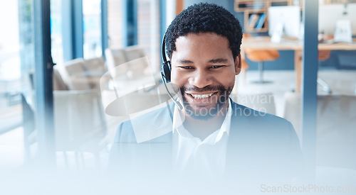 Image of Telemarketing, call center and black man with smile, communication and discussion in office or workspace. African American consultant, business agent and consultation for advice and online webinar