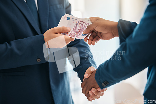 Image of Handshake, money and business for corruption, sale transaction and pay worker with cash. Closeup, corrupt male hands and bribery for illegal service, bribe for contract agree and unlawful wealth.