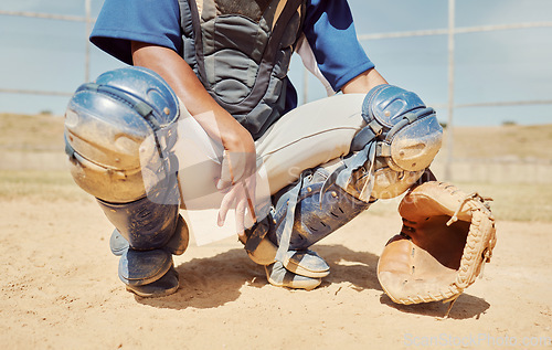 Image of Baseball, sports and hands of a man with a sign during a game, competition or event on a field. Professional athlete waiting for the ball during sport with gear in nature, park or natural environment