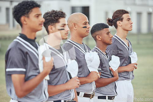 Image of Baseball, sports and respect with a team standing to sing an anthem song before a game or match outdoor. Fitness, sport and collaboration with a man athlete group taking pride in being patriotic