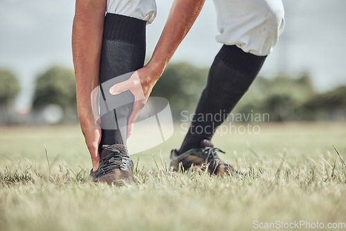 Image of Sports man, ankle injury and athlete pain during workout training or sport competition. Athletic player leg accident, muscle ache medical emergency or suffering from inflammation on grass field