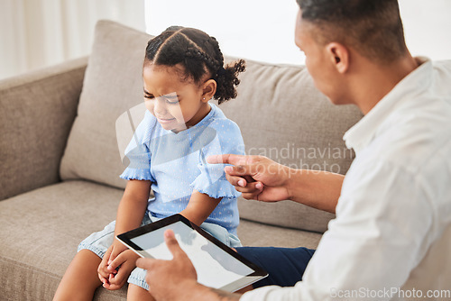 Image of Angry, fight and upset, man and girl, father discipline daughter and crying, tablet mockup and no screen time punishment. Naughty, child and disappointed dad, fight and zero technology at home.