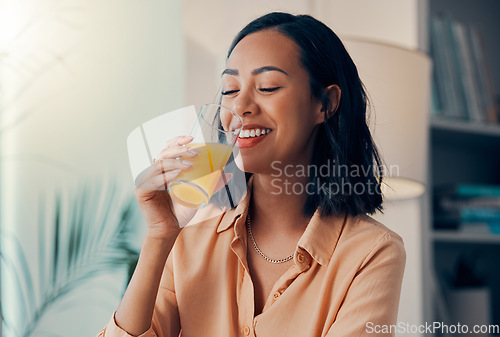 Image of Orange juice, drink and happy black woman relax while drinking health liquid or organic fruit beverage. Happiness, smile and thirsty nutritionist girl with glass of juice for wellness and hydration