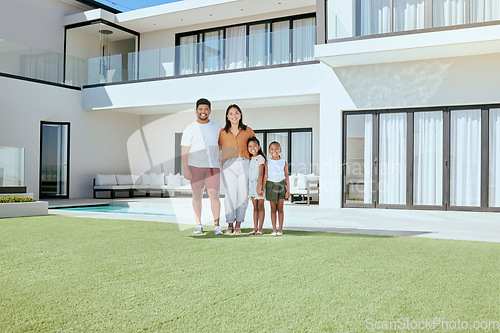 Image of Happy family, outdoor portrait and real estate, new home and dream luxury house, building mortgage and investment in Colombia. Parents, kids and family homeowner, summer garden lawn and property loan