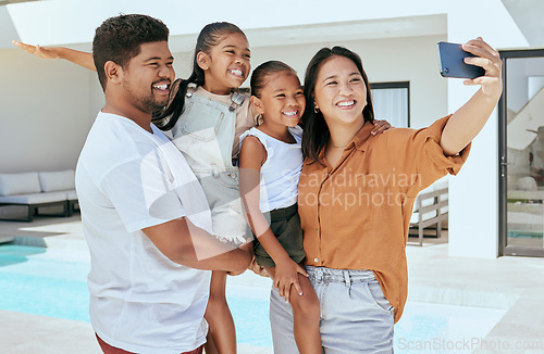 Image of Holiday, vacation and Indonesia family selfie on smartphone for outdoor summer love, wellness and luxury with mother, father and children. Happy parents, mom and dad with kids by pool phone portrait