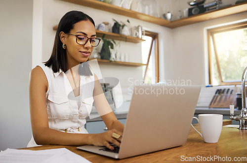 Image of Remote work, busines woman and use laptop for typing, planning for startup company and strategy for finance. Entrepreneur, digital device or work from home being focus, thinking or writer copywriting