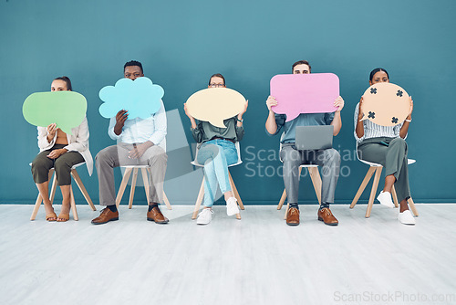 Image of Speech bubble, waiting room and business people with social media marketing, recruitment or HR chat sign. Corporate group of people and branding board for we are hiring advertising chroma key mock up