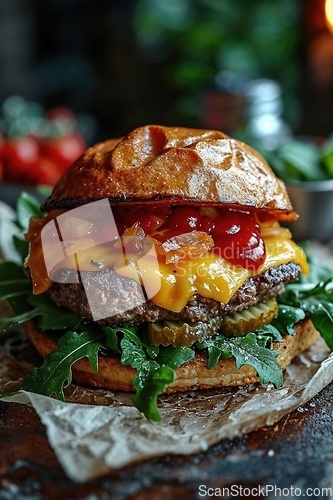 Image of Close-up of home made tasty burger on wooden table