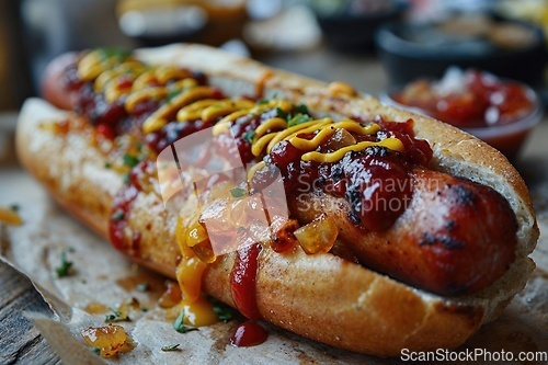 Image of Hotdog with a large sausage filled with ketchup and mustard