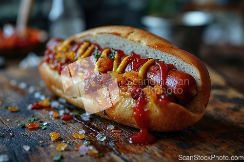 Image of Classic tasty hotdog with some extras
